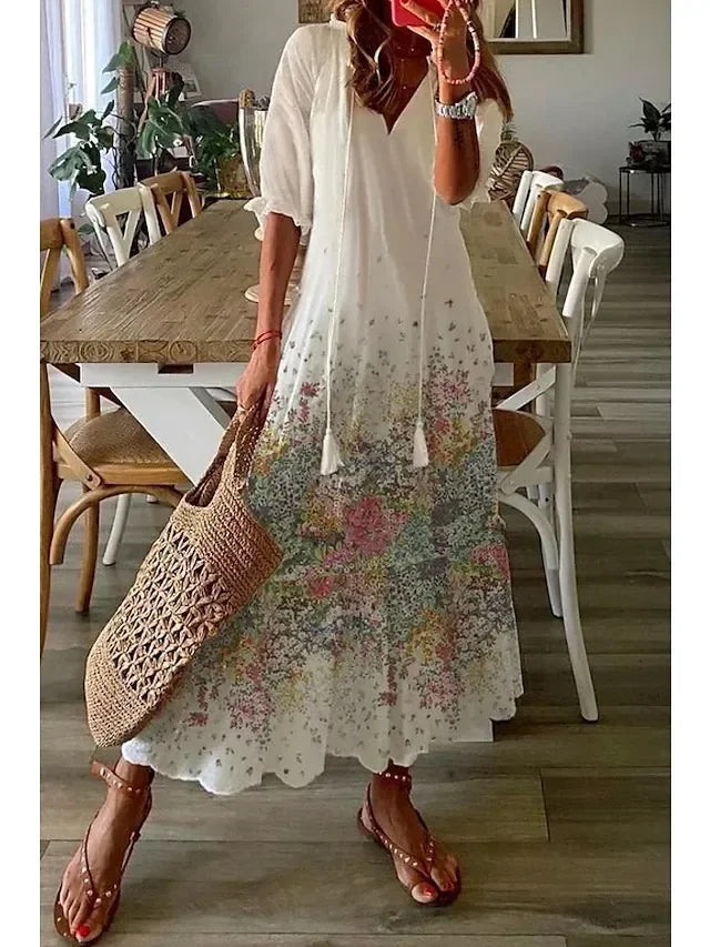 FALL Summer New 2026 Women's Casual Sweet Loose Sexy V-neck Drawstring Fashionable Printed Long Sleeved Boho Bohemian Dresses
