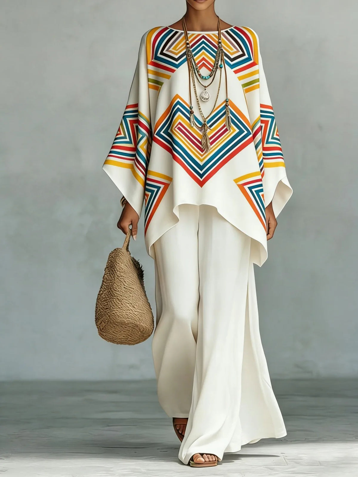 Bohemian Foreign Style Printed Women's Two-piece Set Spring Fashion O-neck Loose Top+wide Leg Pants Suit Ladies Office Outfit