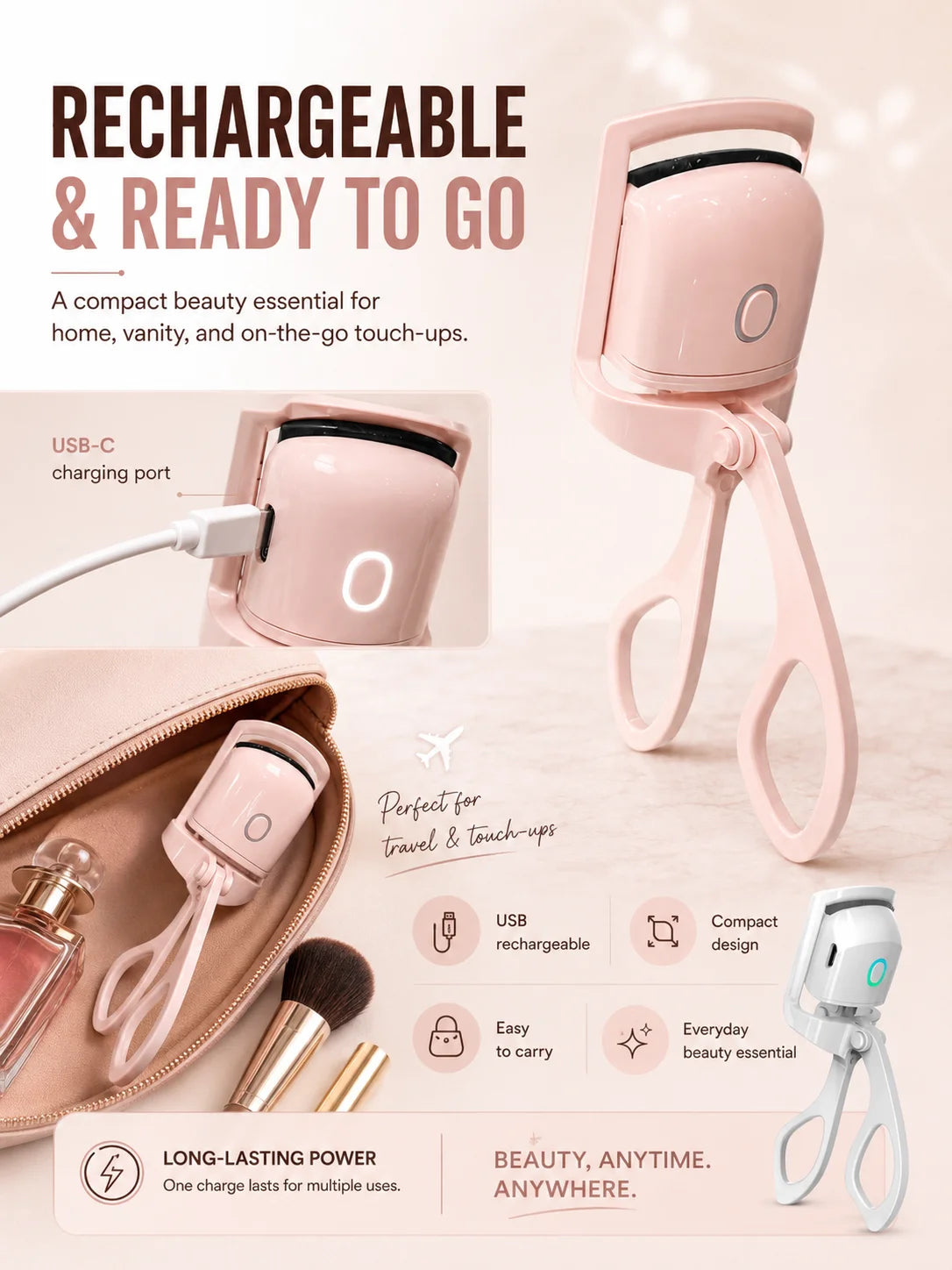 Electric Lash Curler for Women USB Rechargeable Heated Eyelash Styling Device Portable Beauty Tool for Eye Makeup
