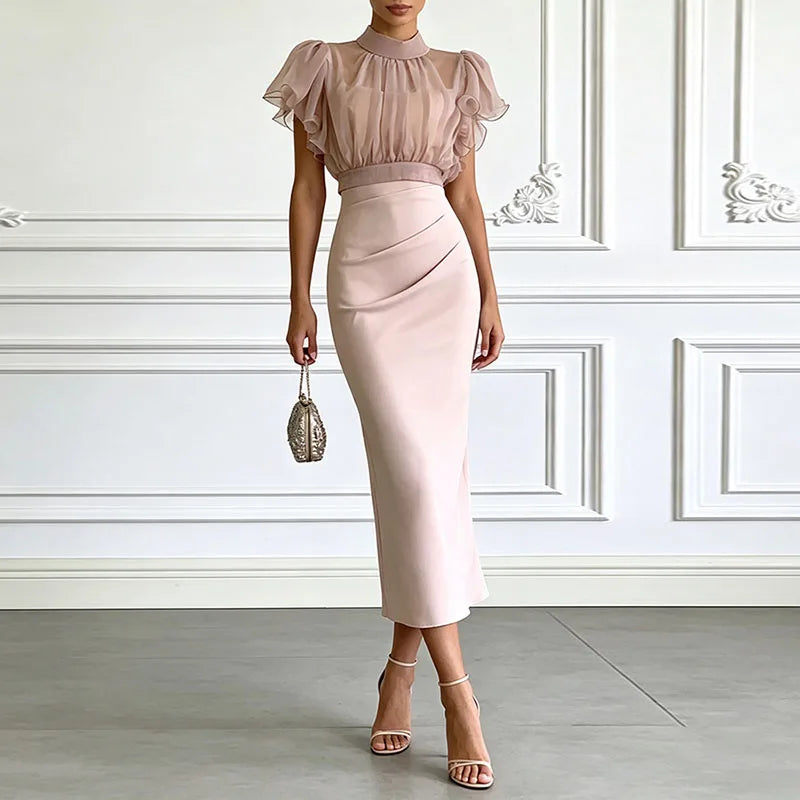 Women Solid 2 Piece Set Stand Collar Ruffle Puff Sleeve Mesh Crop Top & Bodycon Skirt Suits Elegant Wedding Guest Evening Outfit