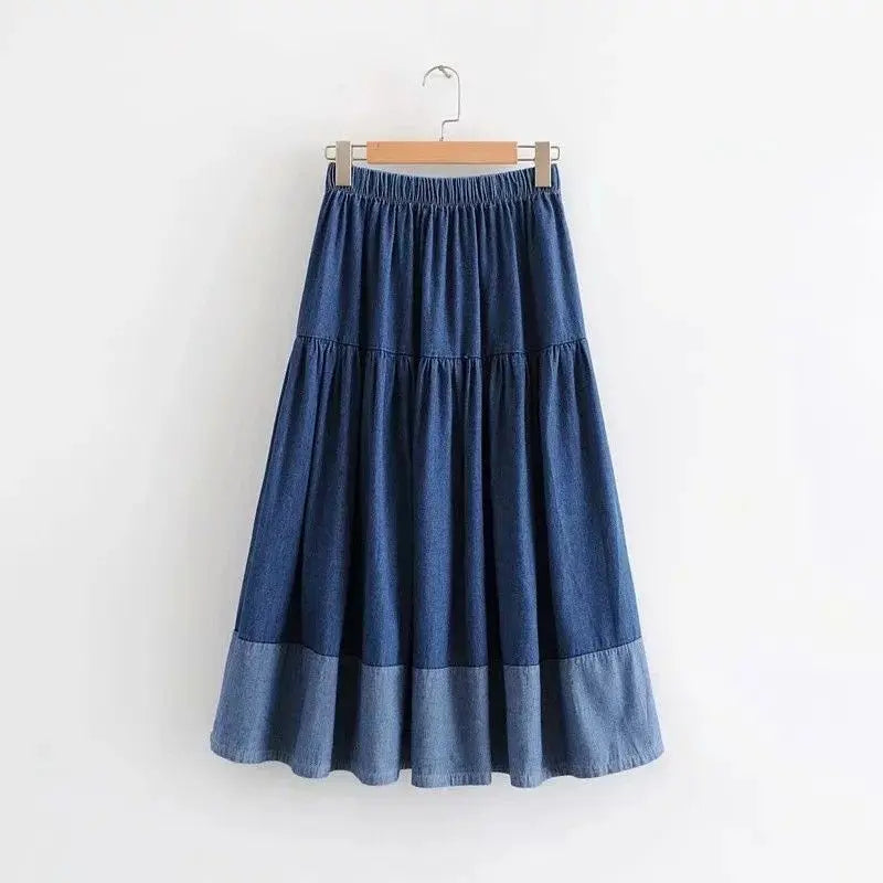Blue Denim Skirt Womens High Waist Tiered Long Skirts Denim Elastic Casual Dress Elastic Waist A Line Jeans Skirt Girls Clothes