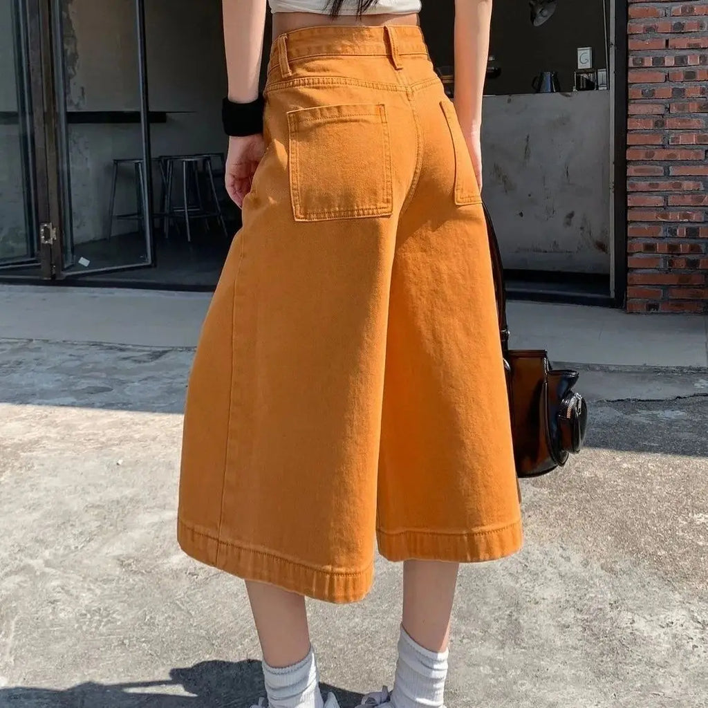 Retro High Waist Wide-leg Jeans Women Summer New Fashion Loose Straight Calf-Length Denim Pants Female Orange Whiter Cowboy Pant