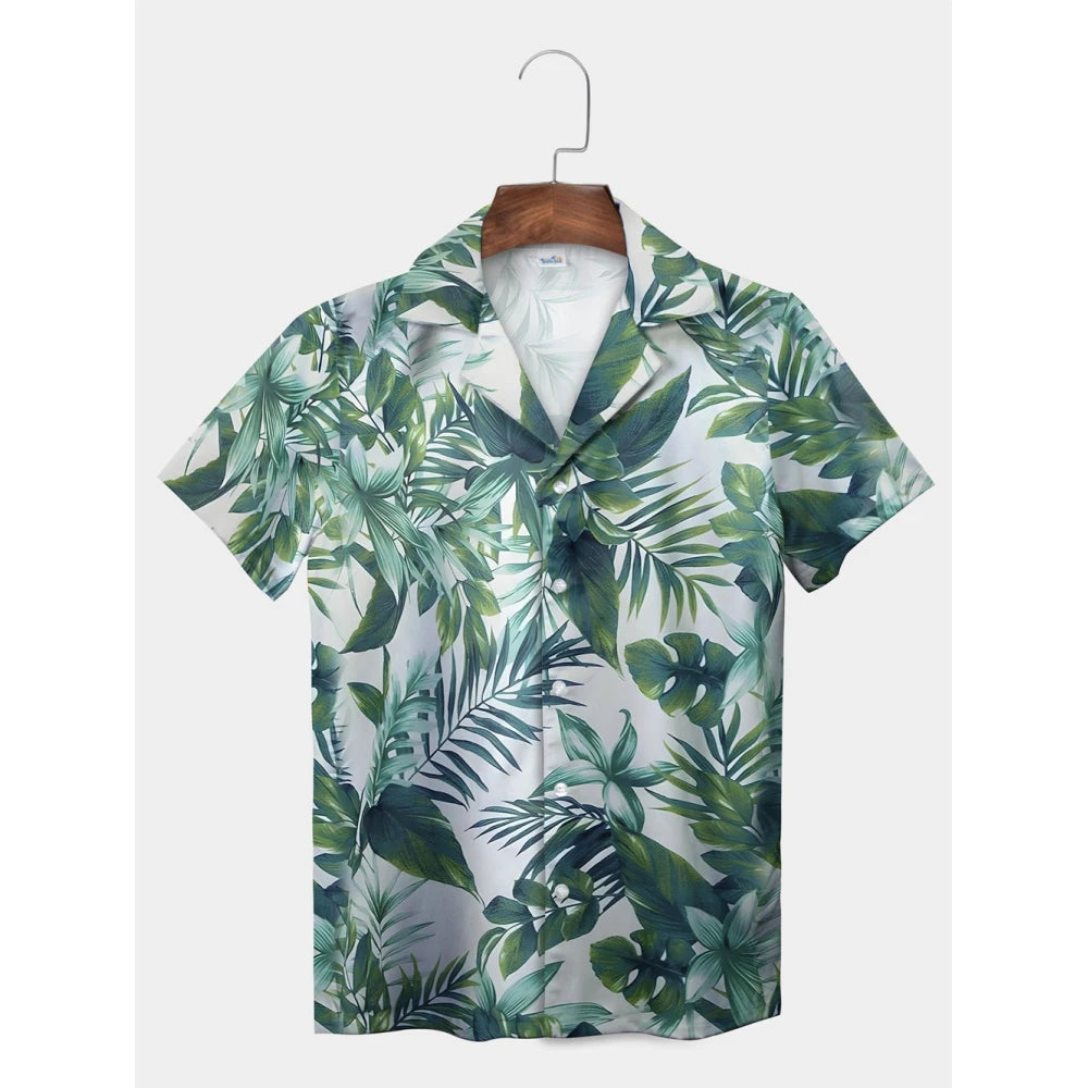 Tropical Plant Leaves Palm Tree Leaves Casual Shirt Botanical Print Light Color Shirt Pattern Men's Short Sleeve Hawaiian Shirts