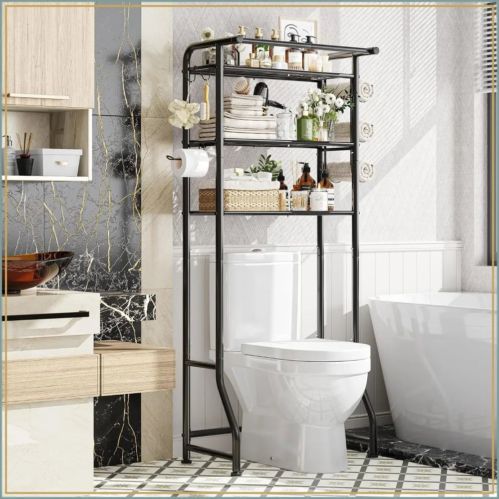 3-Tier Over Toilet Storage Cabinet, Metal Bathroom Shelf with Paper Holder & Hooks, Black