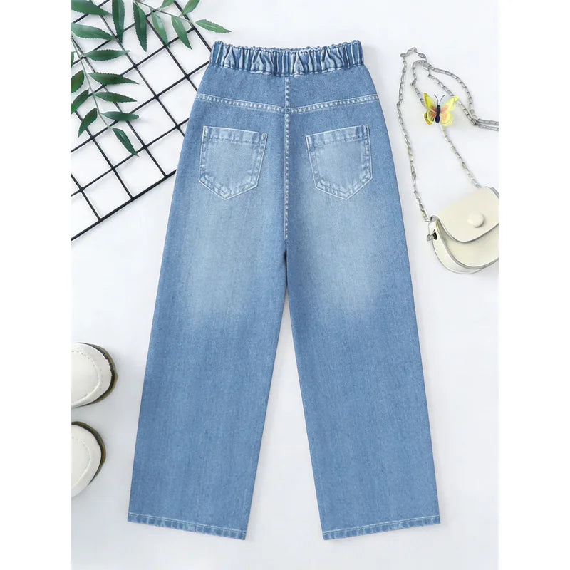 2026 Children's Cute Shy Bear Light Blue Imitation Jeans Children's Soft and Playful Funny Girls' Casual Style Long Pants