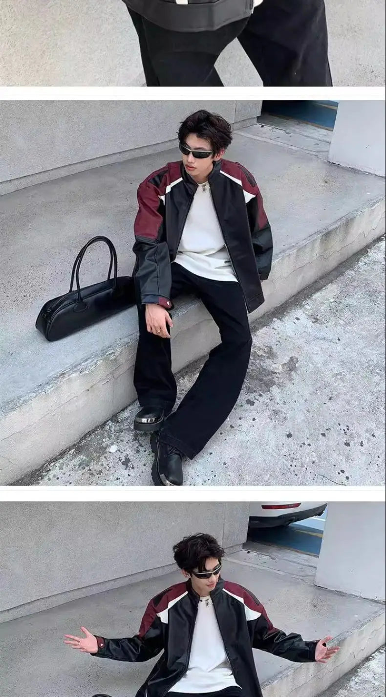 American Retro Motorcycle Jacket Men Women's High Street Spring Autumn Contrasting Color Splicing Design Handsome Bomber Coat