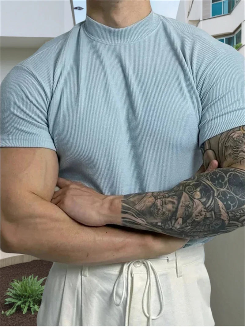 Spring Summer Elastic Comfortable Men's T-Shirt Small High Collar Stripe Shirt Short Sleeve Fitness tops Sports Casual T-Shirt