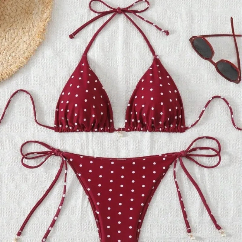 Women Retro Red Polka Dot Halter Bikini Set Adjustable Tie Triangle Two Piece Swimsuit Removable Pad Brazilian  Swimwear S-XL