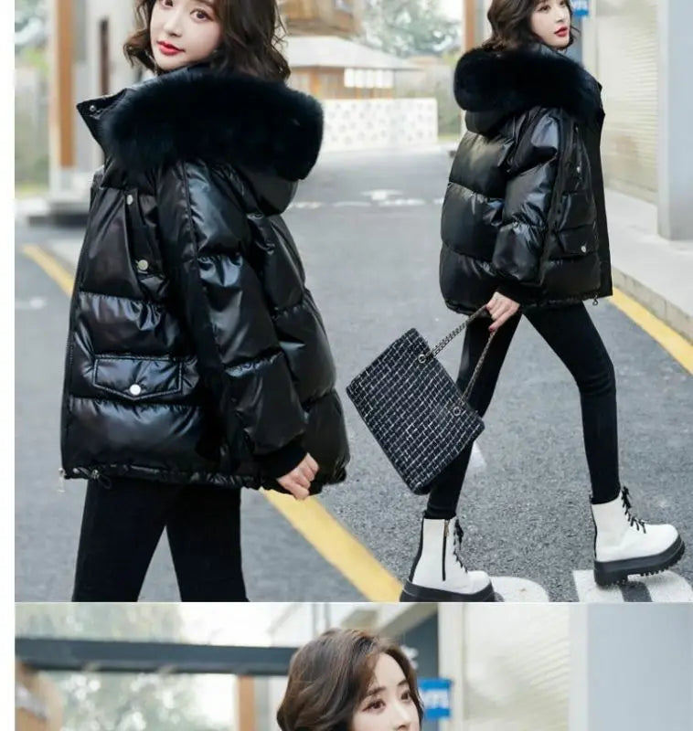 2026 Winter Fashion New Warm Duck Down Jacket Women's Clothes Glossy Fur collar Thicken Parka Short Down Coat Female Trend