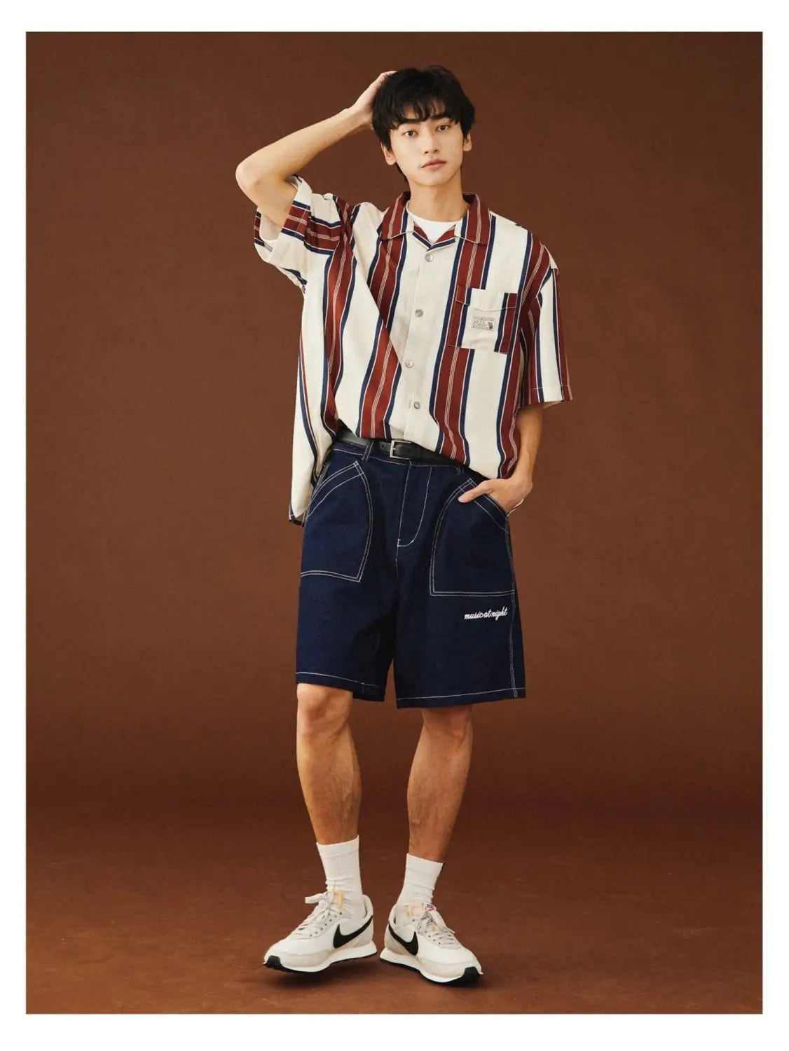 Summer New Turn-down Collar Fashion Short Sleeve Shirt Man High Street Casual Button Cardigan Striped Pockets Patchwork Tops