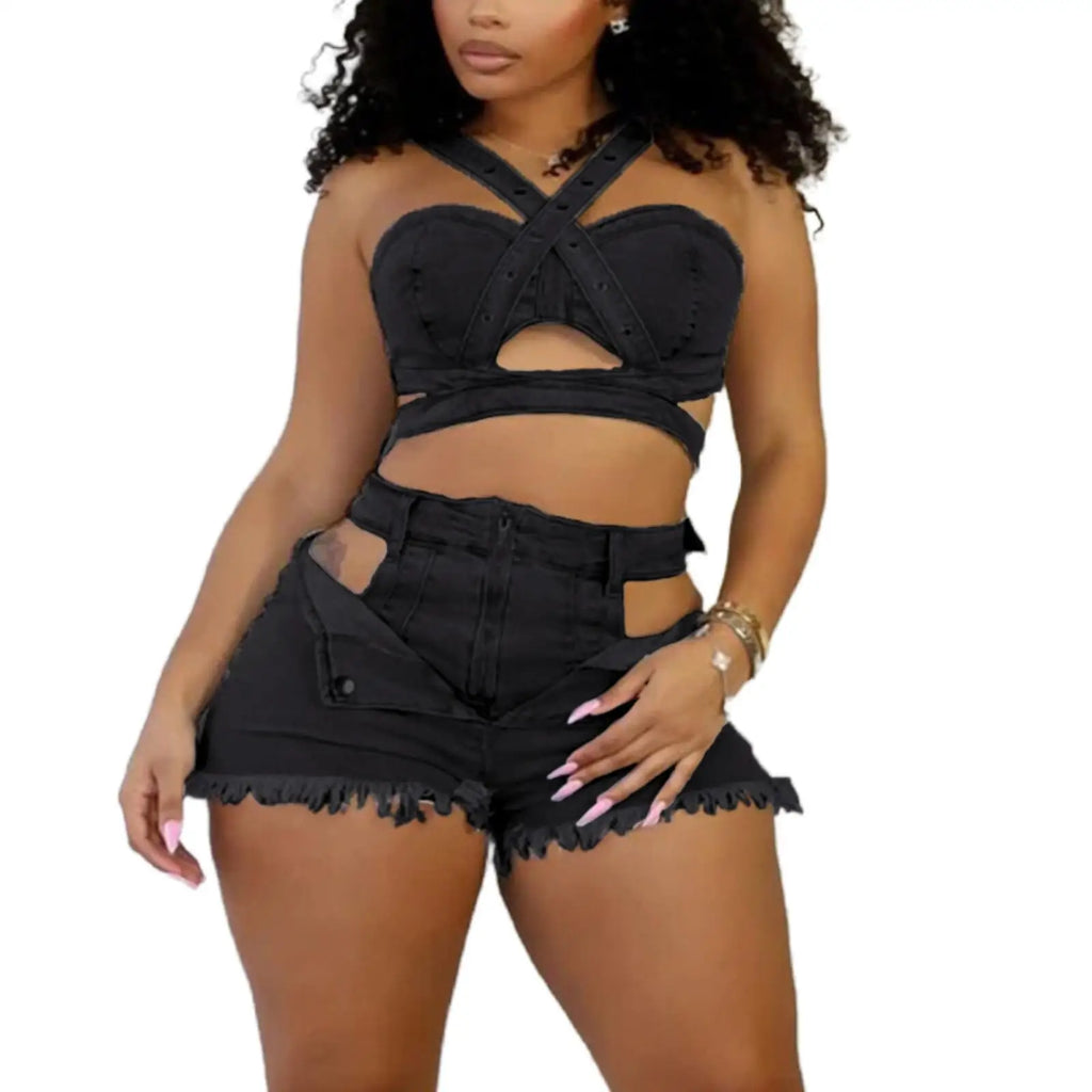 Streetwear Hollow Out Jeans Shorts Outfit Set Sexy Women Elegant Two Pieces Denim Club Matching Set Top+Shorts