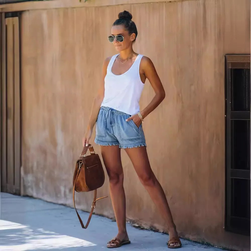 Women’s Denim Shorts Drawstring Elastic Waist Frayed Hem Short Pants Summer Casual Vintage Hottie Girls Loose Jeans with Pockets