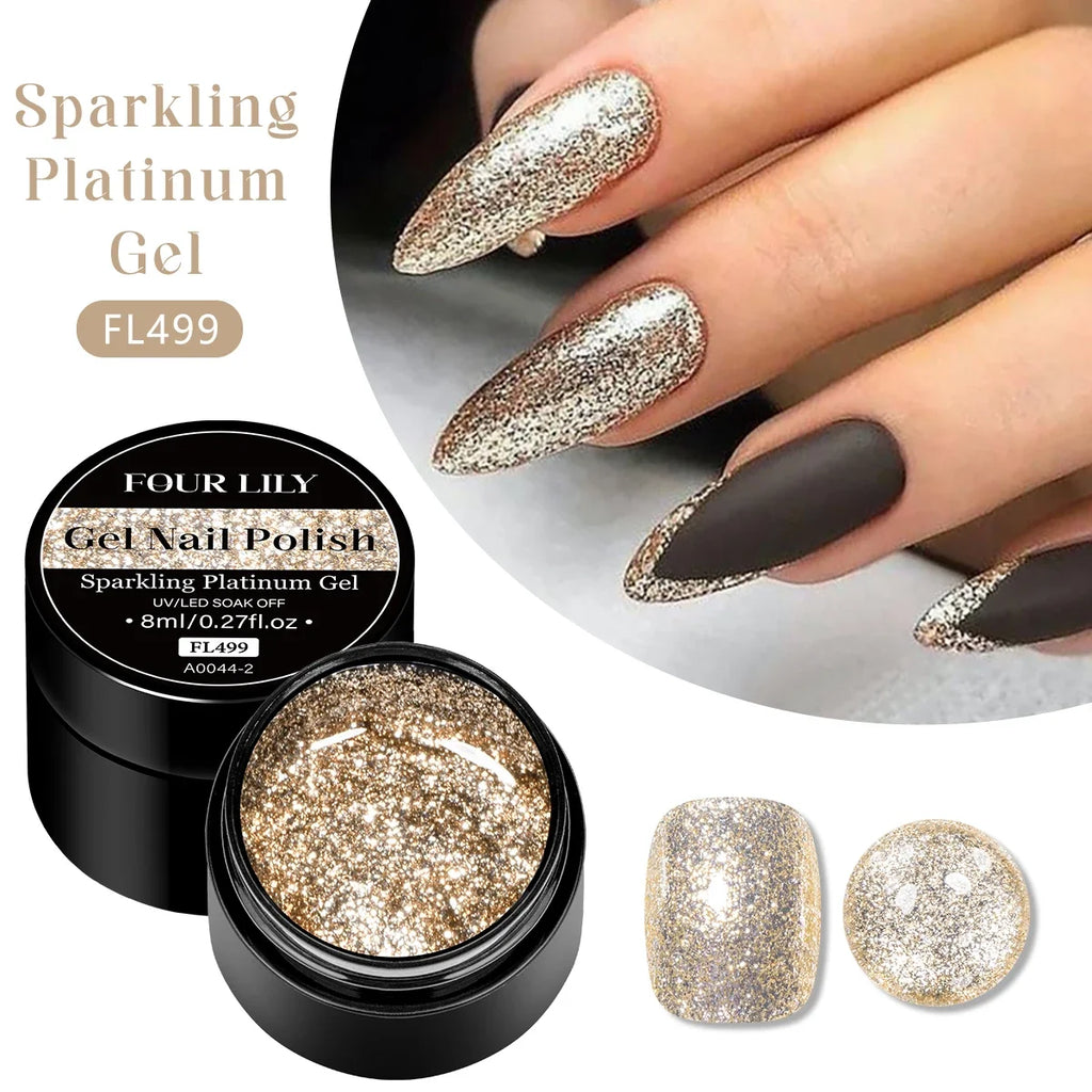 FOUR LILY 8ml Pink Glitter Sequins Gel Nail Polish Shiny Sparkling Platinum Semi Permanant Soak Off Nail Art Varnish Manicure