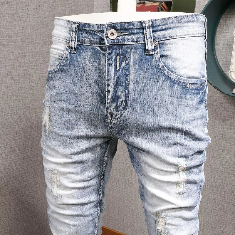 Streetwear Fashion Men Jeans Retro Light Blue Elastic Slim Fit Ripped Jeans Men Embroidery Designer Vintage Casual Denim Pants