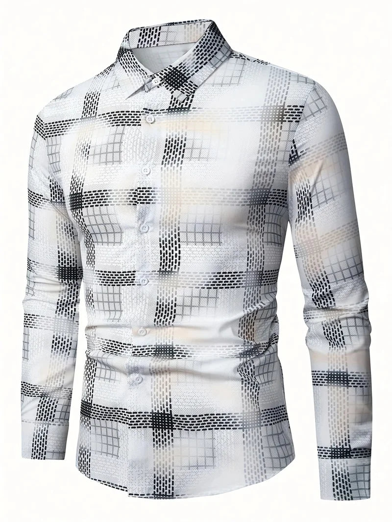 2025 men's printed casual shirt with breathable long sleeves and lead buttons suitable for spring and autumn