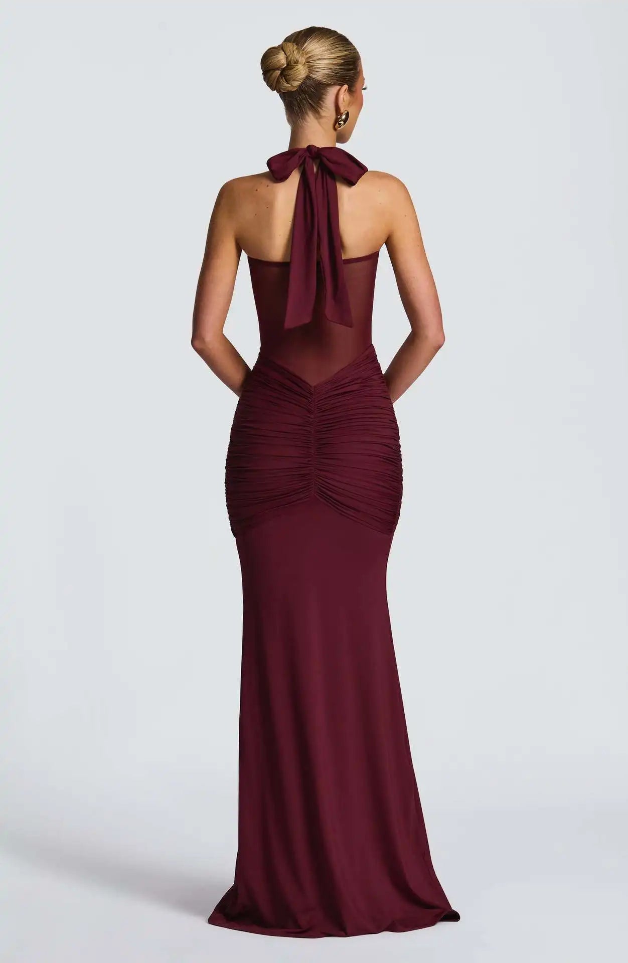 Suninheart Draped Maxi Evening Dress Women Elegant Halter Prom Dresses Wine Formal Occasions Backless Dress Sexy