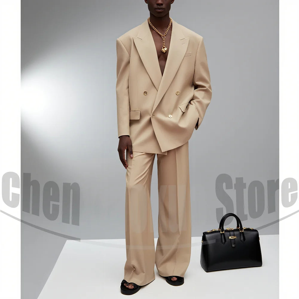 Men's Double Breasted Suit Set Oversized Blazer and Wide-Leg Trousers Fashion Casual Formal Outfits for Streetwear Party