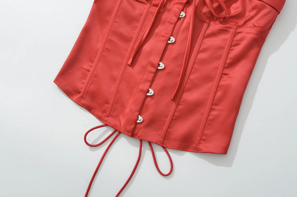 Summer Red Satin Ruched Bra Hook Buttons Sexy Corset Women Cross Lacing Up Bandage Back Tank Tops Bodycon Strapless Crop Top
