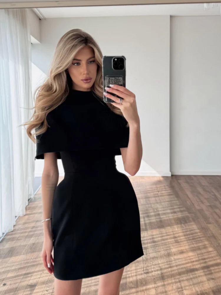 Black Lace Trim Hollow Out Mini Dress Women A-line Turtleneck Waist Cinched Short Sleeve Vestidos 2026 Lady Daily Party Gown