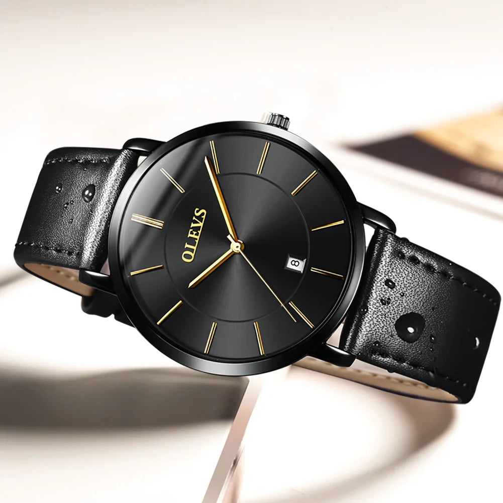 OLEVS 5869 Ultra Thin 6.5mm Quartz Watch for Men Fashion Leather Strap Simple Luxury Auto Date Clock Men's Wristwatch Waterproof