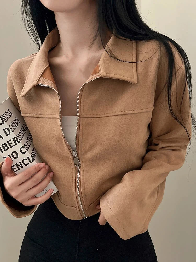 Retro Lapel Lady Short Coat Zipper Long Sleeves Patchwork Slim Fitting Jacket 2026 Spring Fall Commute Office Daily Outerwear
