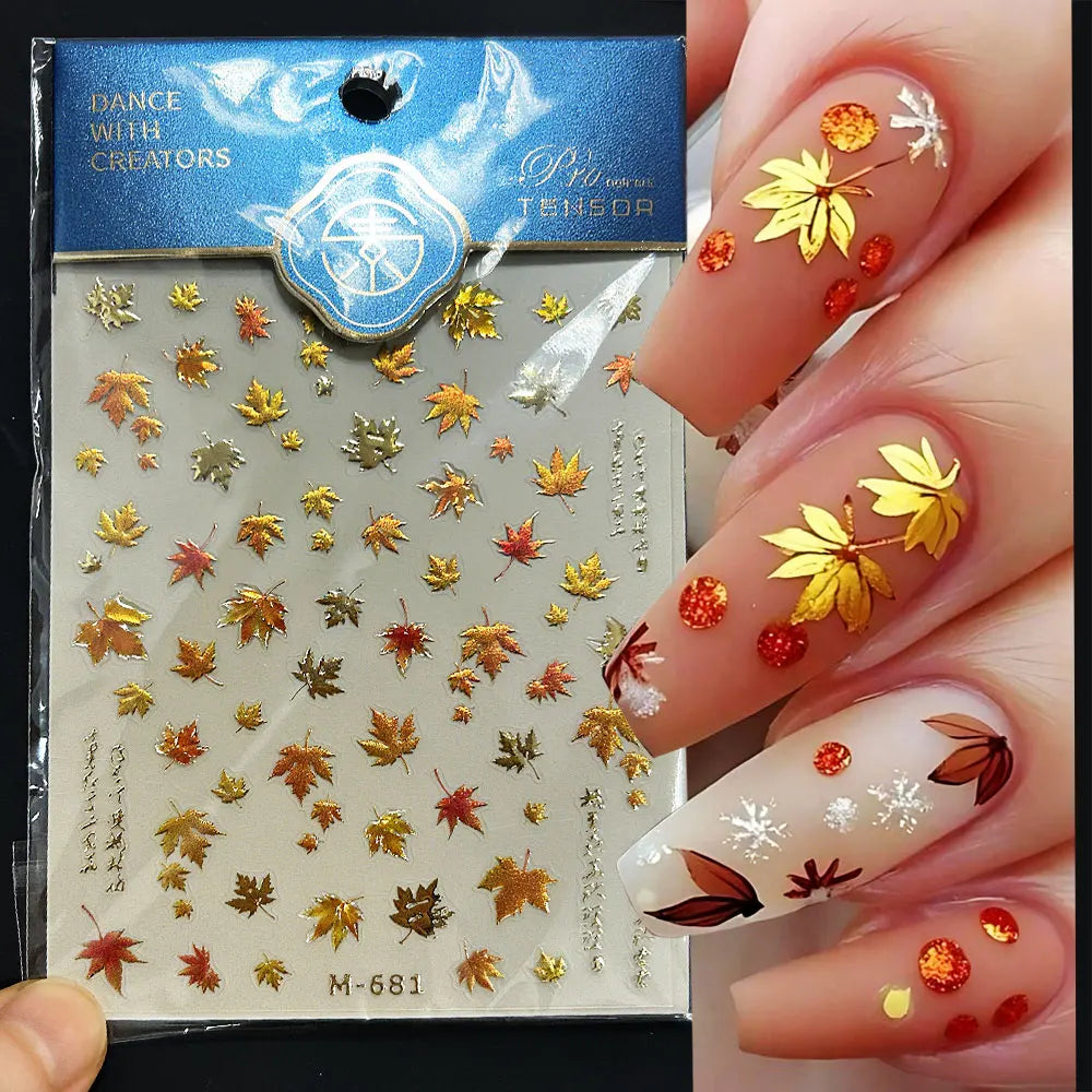 1pcs Autumn Gold Red Maple Leaf Nail Sticker 5D Embossed Jelly Maple Leaves Nail Decals Self-Adhesive Fall Leaf Nail Supplies ^5