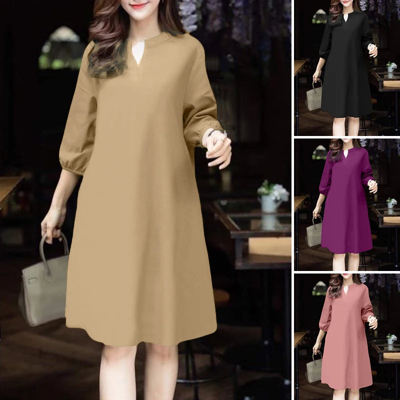 2025 ZANZEA Fashion Women V Neck 3/4 Sleeve Dress Autumn Sundress Elegant Solid OL Work Dresses Casual A Line Loose Vestido Robe