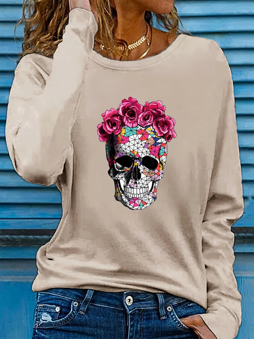 100% pure cotton women's spring and autumn loose casual skull and rose graphic printed long sleeved round neck T-shirt