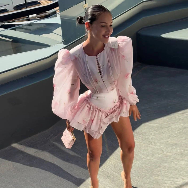 Elegant Floral Print Chiffon Dress Women's Backless Long Sleeve Ruffle Waist Cutout Tiered Dresses 2026 New Lady Party Wear