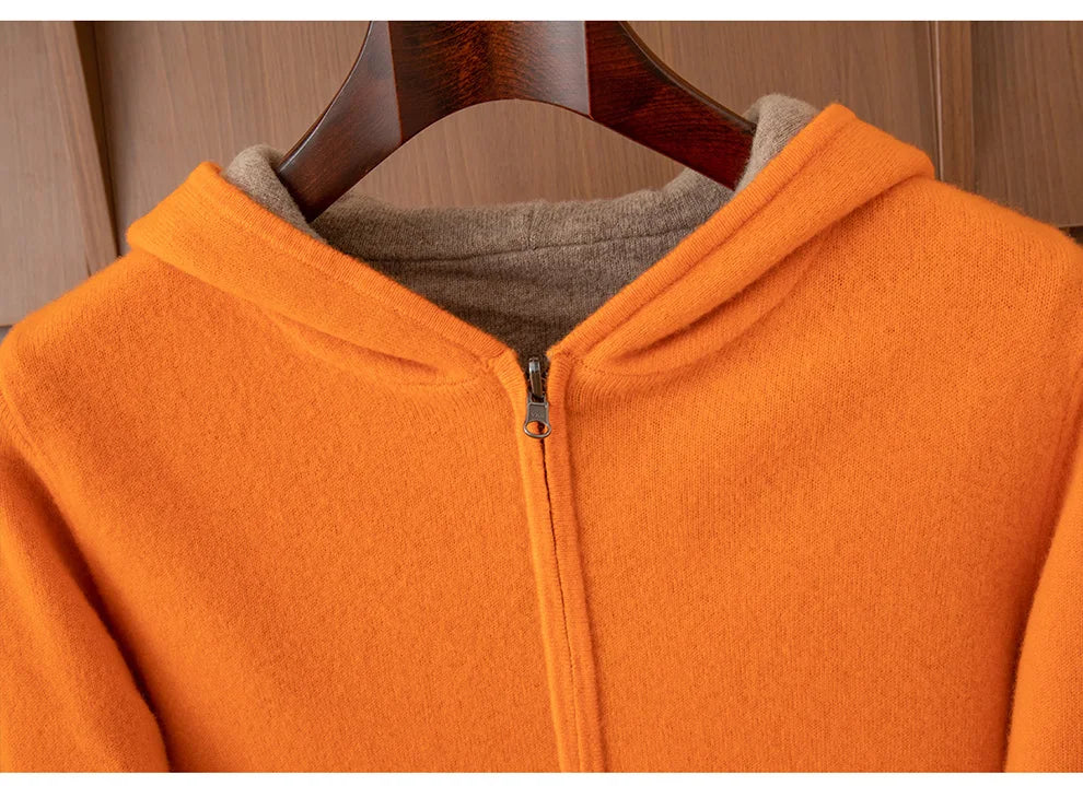 Double-Sided Cashmere Hooded Cardigan For Men Autumn And Winter Wearing Sweater Thickened Pure Wool Knitted Loose Zipper Coat