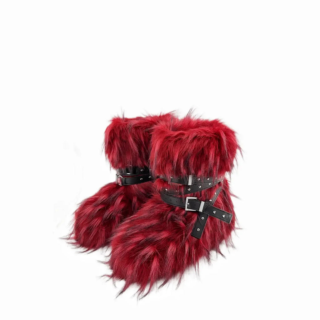 Winter Fur New Design Onepiece Raccoon FurFemale Snow Boots Fur shoes OutdoorMid Leg Boots y2k Cool Pink Girl