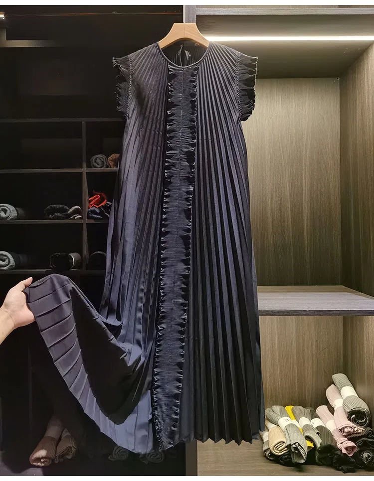 Miyake Pleated Solid Color Dresses High-End 2026 Ruffled Handmade Pleats Solid Color Fold Dress Summer Elegant Sleeveless Dress