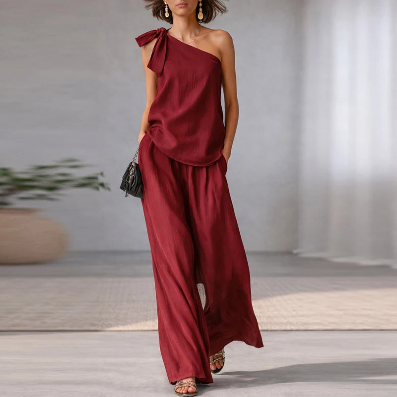 Elegant Lace Up Sleeveless T Shirts Vest High Waist Loose Pants Suit Women Casual Two Piece Set Fashion Holiday Outfits
