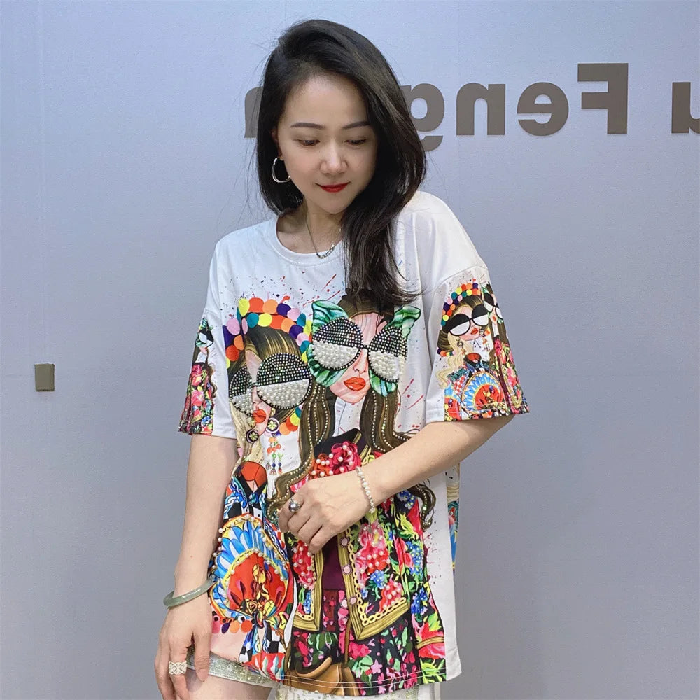 Colorful Fashion Printed T Shirts Women Summer Clothes Casual Character Diamonds Beading Short Sleeve Tops Tee Женская Одежда