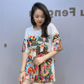 Colorful Fashion Printed T Shirts Women Summer Clothes Casual Character Diamonds Beading Short Sleeve Tops Tee Женская Одежда
