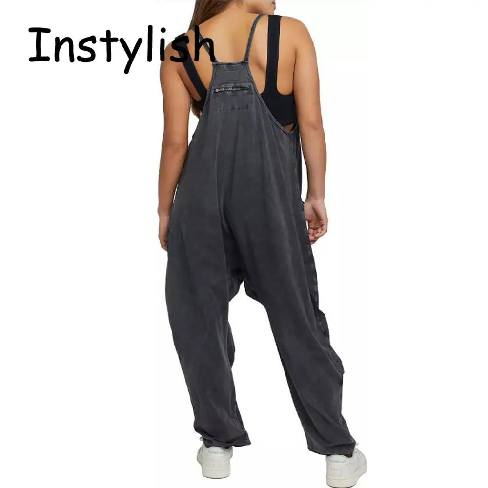 Women Casual Spaghetti Strap Sleeveless Jumpsuit Vintage Harajuku Wide Leg Loose Pants Summer Solid Oversize Overalls Rompers