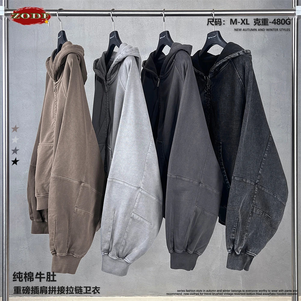ZODF Heavy Wieght 480gsm Washed Cotton Boxy Zipper Hoodies For Man Unisex Retro Patchwork Off Shoulder Hooded Coats HY1152