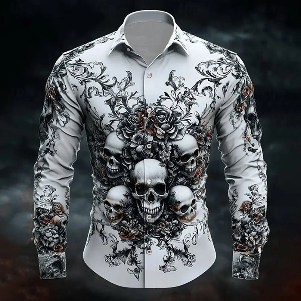 2025 Halloween Theme Men's Halloween Costumes Skulls Shirt Button Up Shirt Casual Dress Shirt Long Sleeve Dark Gothic Style Tops
