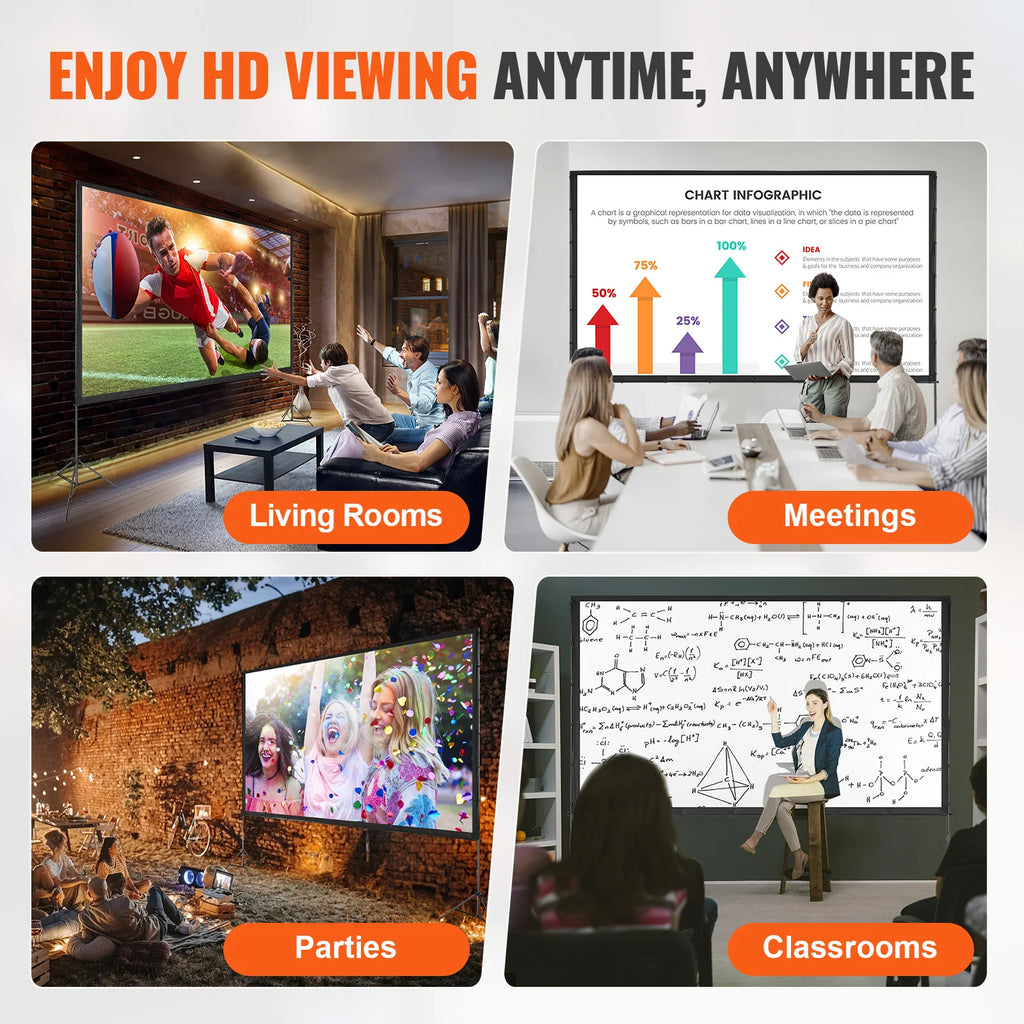 SucceBuy Projector Screen w/ Stand 150in 16:9 4K 1080 HD Portable Projection Screen for Home Office Garden Moive Theater Cinema