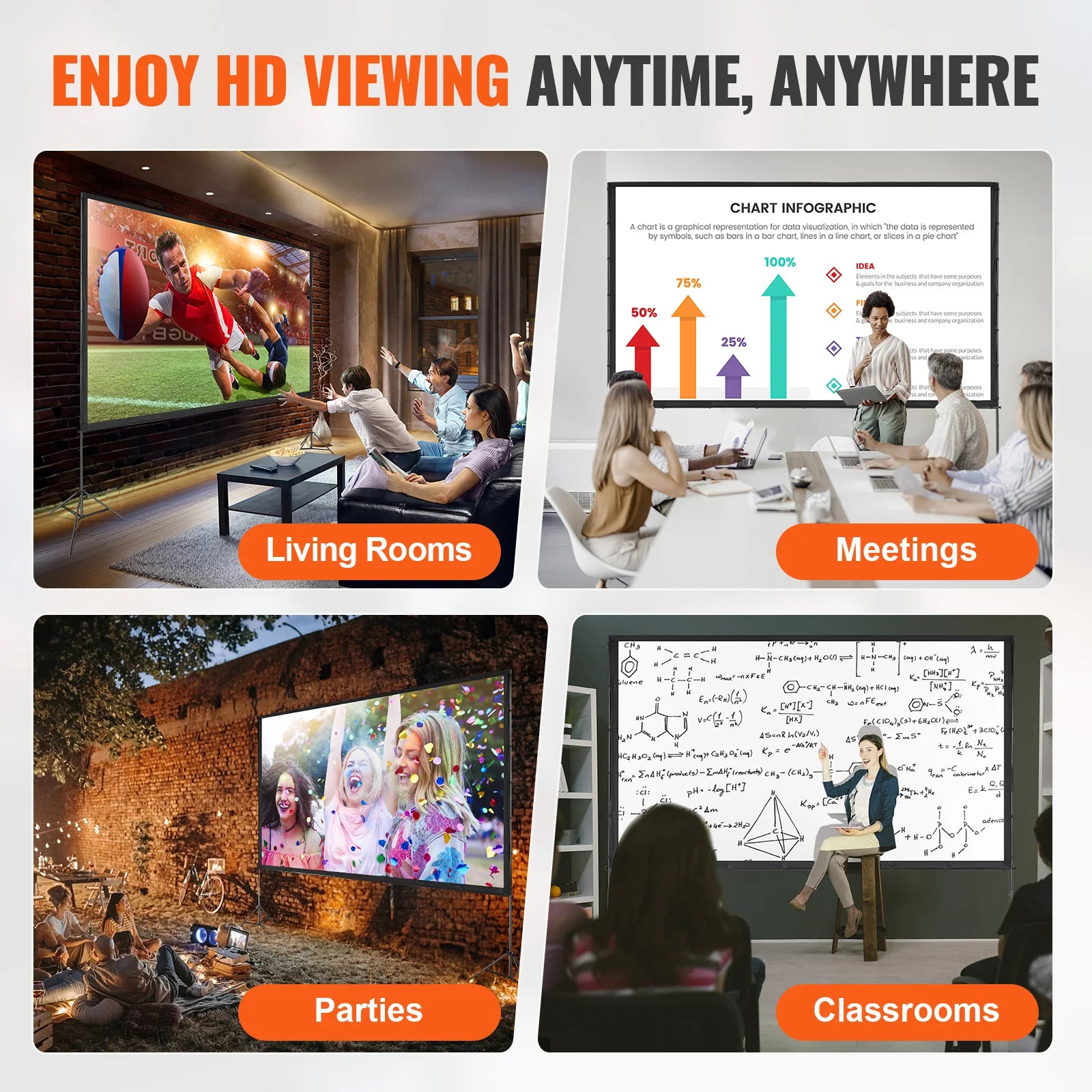 SucceBuy Projector Screen w/ Stand 150in 16:9 4K 1080 HD Portable Projection Screen for Home Office Garden Moive Theater Cinema
