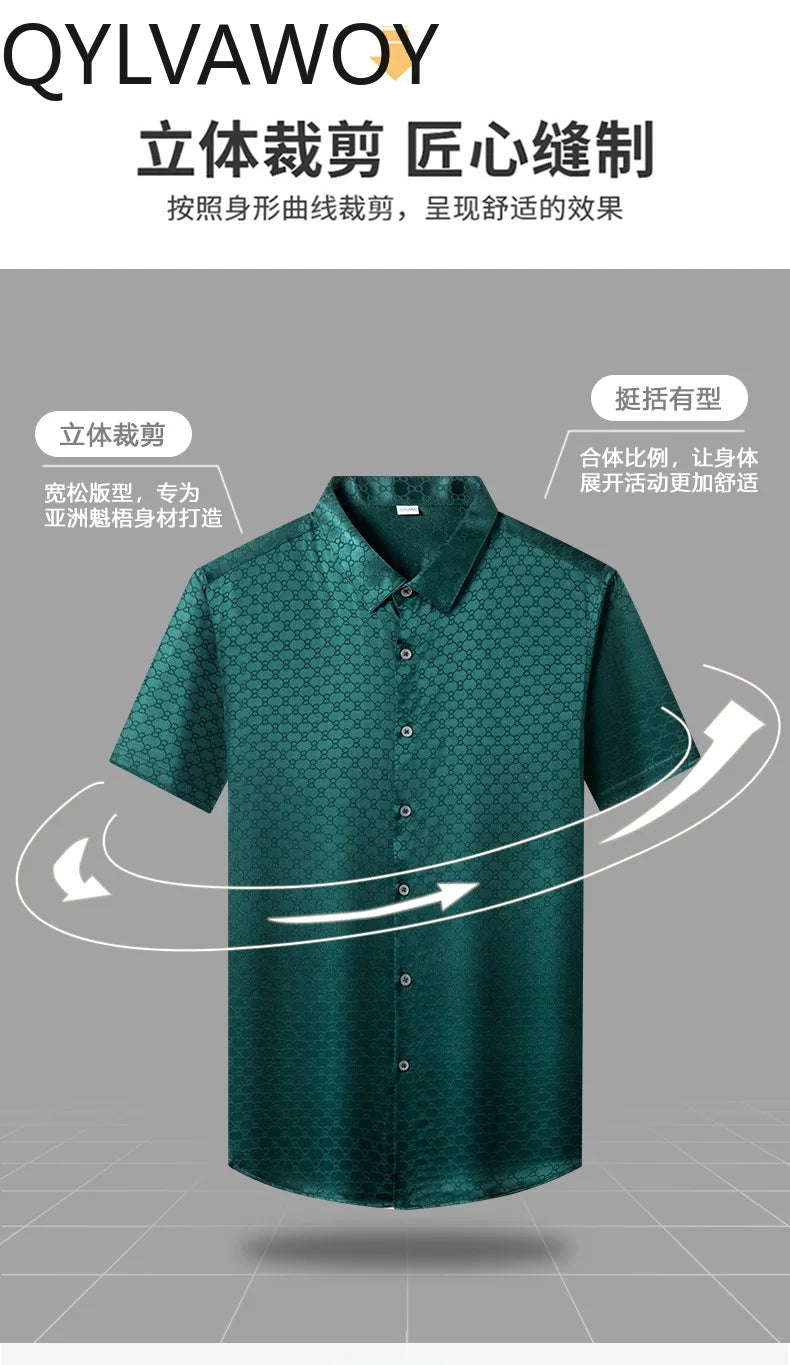 QYLVAWOY New Men's Shirts Summer Tops 92% Real Mulberry Silk Shirts Lapel Short Sleeve Stylish Clothes for Man Business Casual