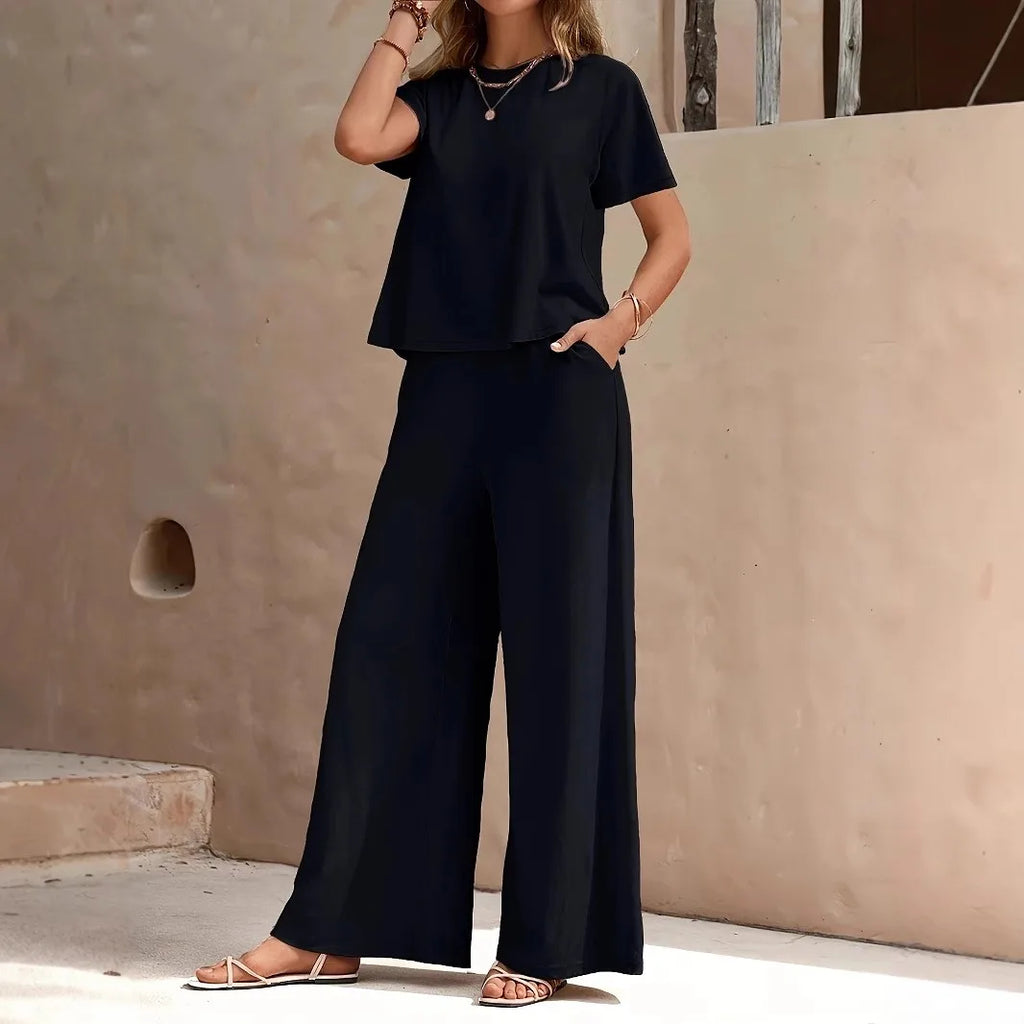 2026 New Solid Green Women Loungewear Set Round Neck Crop Short Sleeve Top Elastic Waist Wide Leg Pants Casual Two Piece Pajamas
