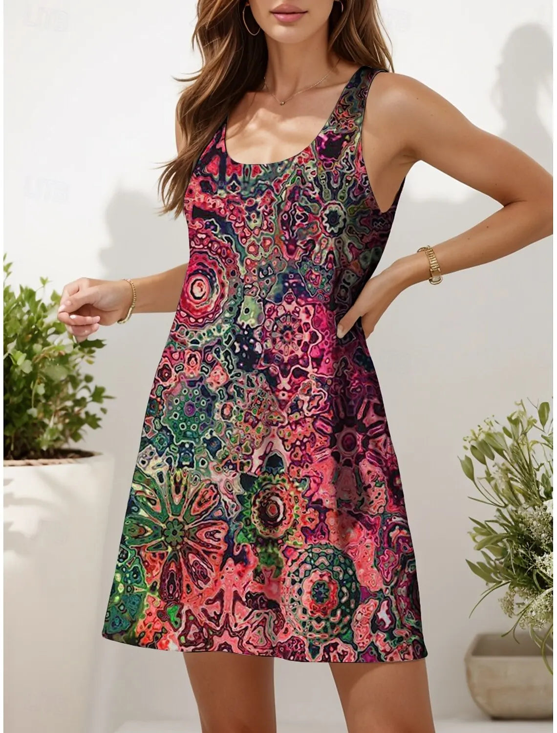 Women's Sleeveless U-Neck A-Line Mini Dress, Abstract Print, Pink Blue Purple Orange Green, Casual Summer Vacation Daily Dress