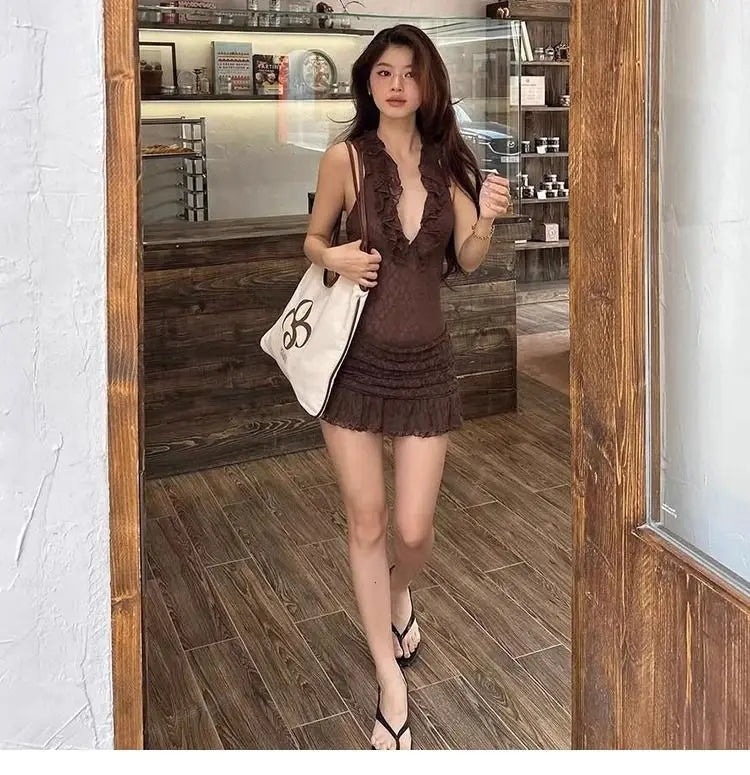 Sexy retro vacation ruffle edge deep V halter neck dress female slim slim slim skirt