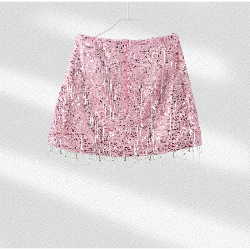 Sexy Tassel Sequins Vest Mini Skirt Women Crop Sling Vests Short Hip Package A-line Skirts 2026 Summer Lady Beach Party Outfits