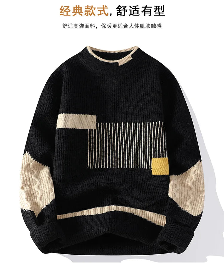 New Men's Mock Neck Knitted Sweaters Fashion Patchwork Knitting Pullovers Autumn Winter Daily Casual Warm Pullover Sweaters Male