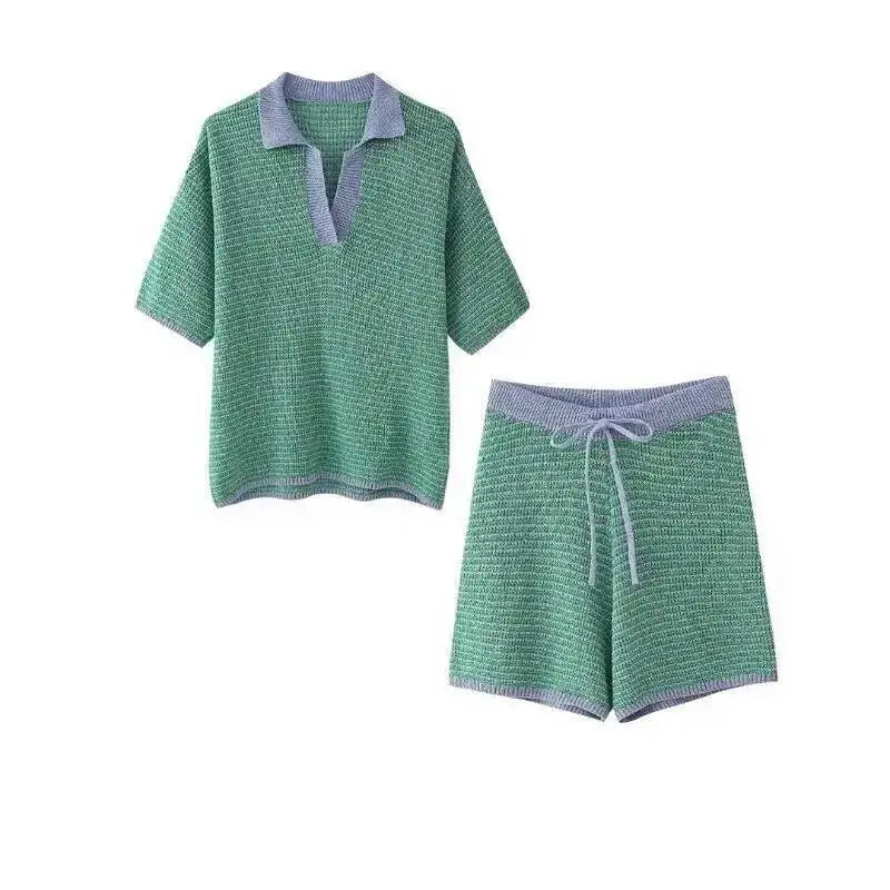 Holiday Retro Shorts Suit Summer New Women V Neck Knitted Tops Casual Lace Up Shorts Korean Fashion 2 Piece Sets Womens LLX6