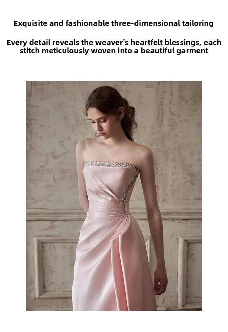 Pink Strapless French Evening Gown 2026 New High-end Annual Meeting Host Engagement Banquet Bride Toast Costume Customization