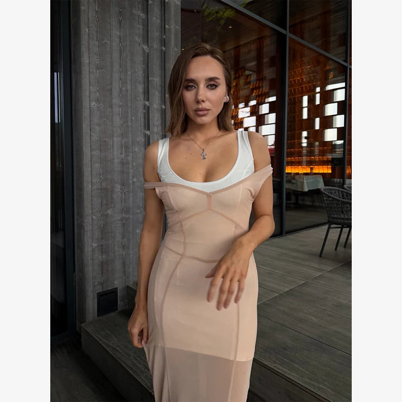 Sexy Nude Fishbone V-neck Dress Women Elegant Sleeveless Pleated Slim Waist-cinching Gown 2026 Summer Party Casual Streetwear