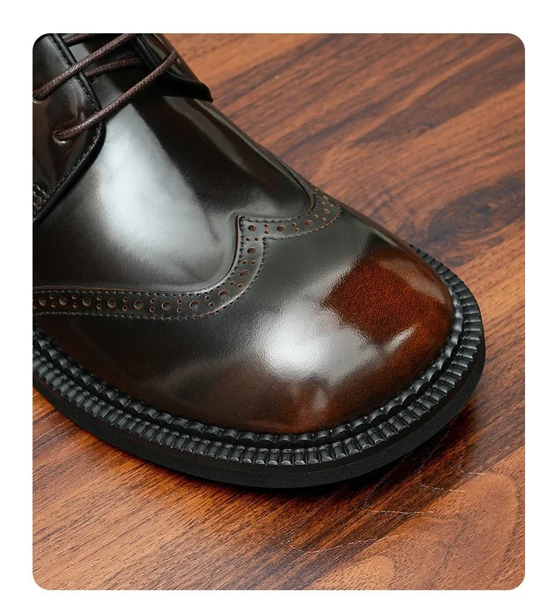 Retro Mens Dress Brogues Shoes Luxury Genuine Leather Round Toe Handmade Fashion Flat Autumn Black Wedding Social Shoes Man 2025